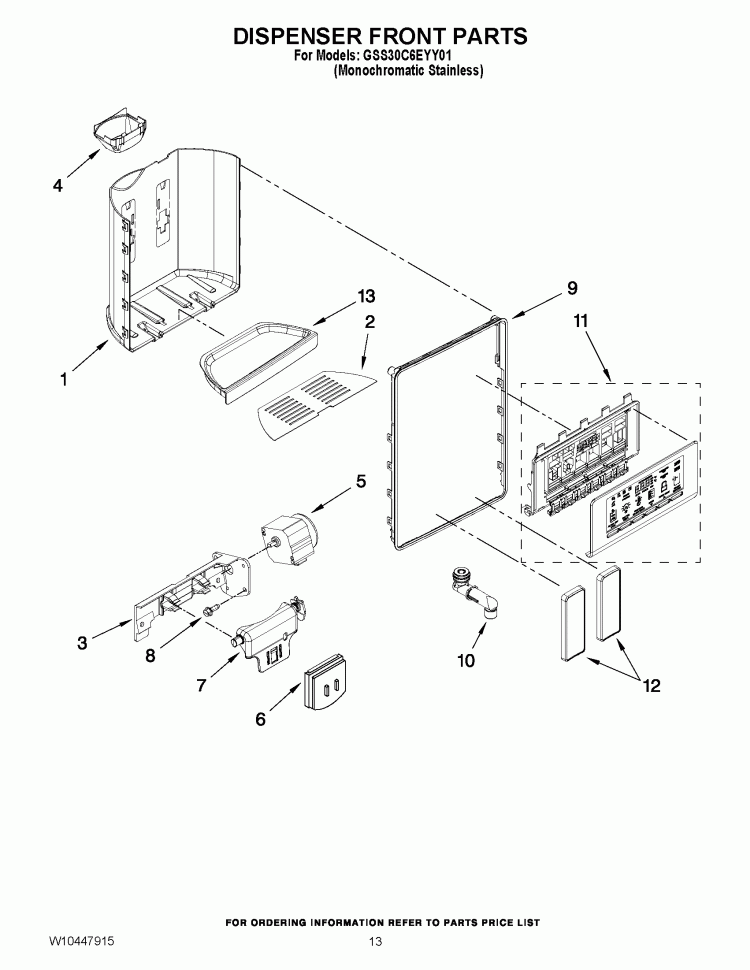 DISPENSER FRONT PARTS Diagram and Parts List for GSS30C6EYY01  Whirlpool Refrigerator