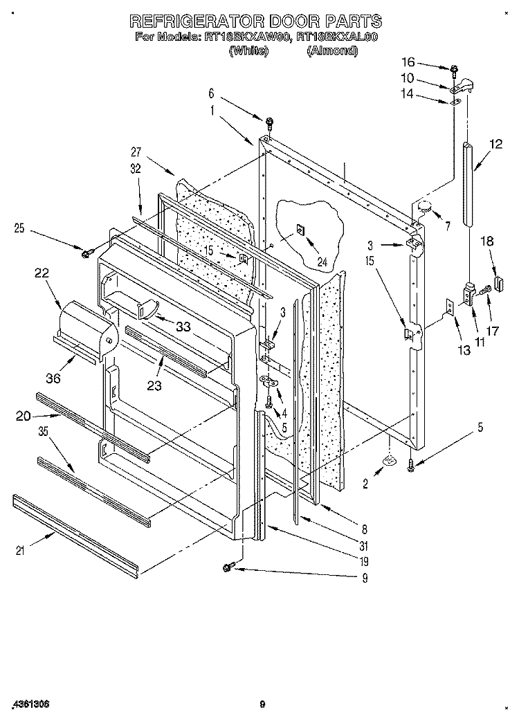 REFRIGERATOR DOOR, LIT/OPTIONAL Diagram and Parts List for RT18BKXAW00  Roper Refrigerator