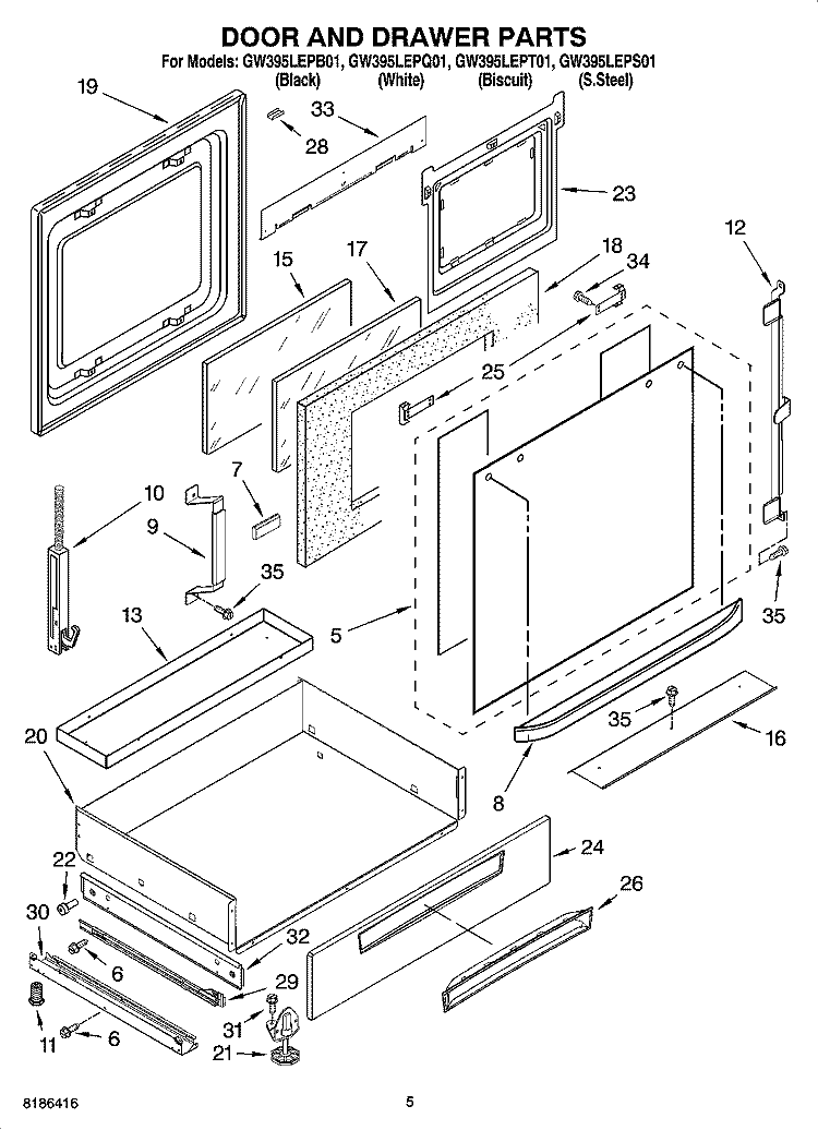 DOOR AND DRAWER PARTS Diagram and Parts List for GW395LEPQ01  Whirlpool Range