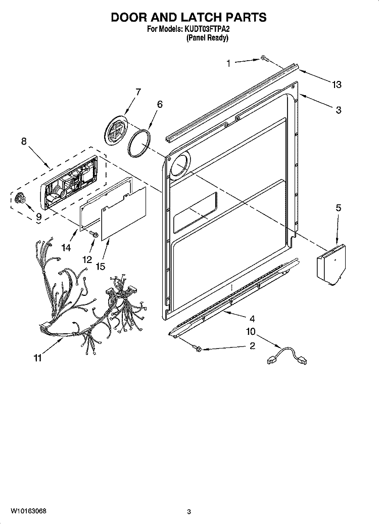 DOOR AND LATCH PARTS Diagram and Parts List for KUDT03FTPA2  KitchenAid Dishwasher