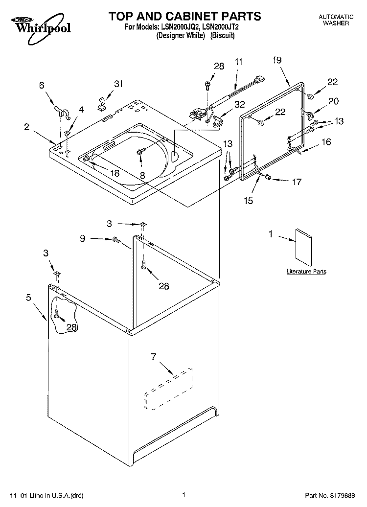 TOP AND CABINET, LITERATURE Diagram and Parts List for LSN2000JQ2  Whirlpool Washer