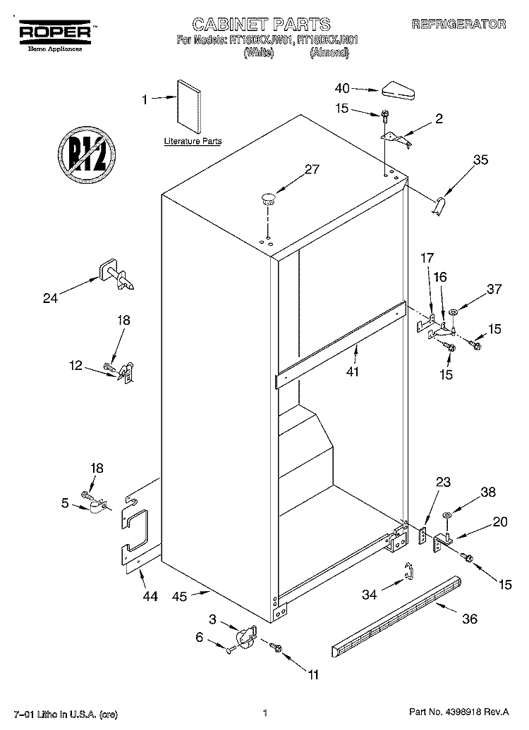 CABINET, LITERATURE Diagram and Parts List for RT18DKXJN01  Roper Refrigerator