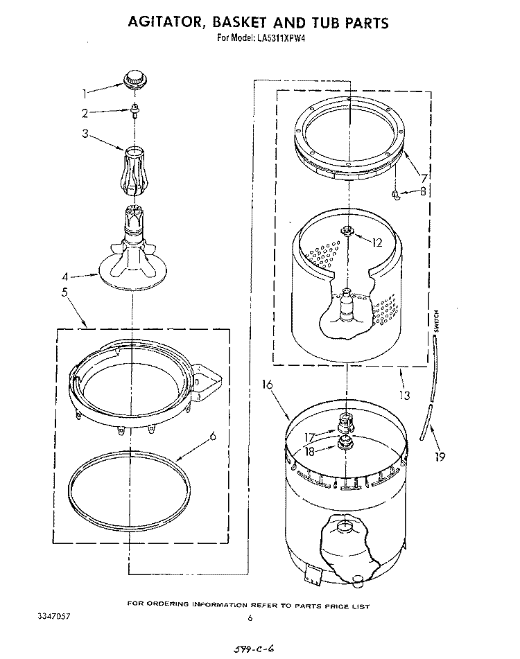 AGITATOR, BASKET AND TUB Diagram and Parts List for LA5311XPW4  Whirlpool Washer