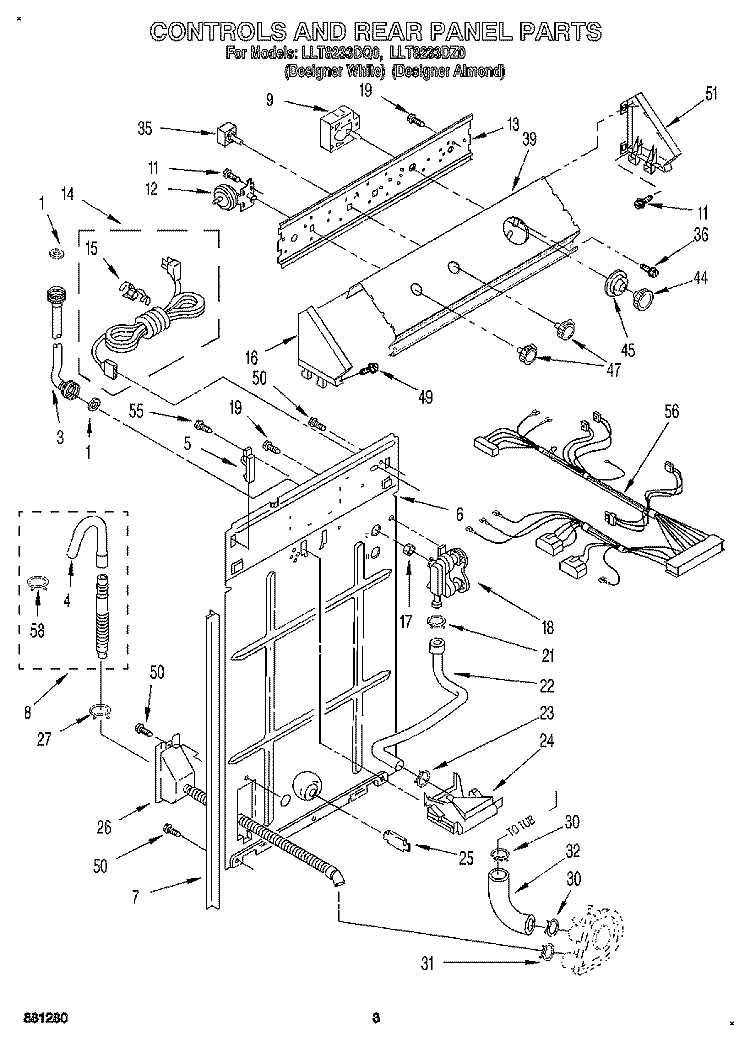CONTROLS AND REAR PANEL Diagram and Parts List for LLT8233DQ0  Whirlpool Washer