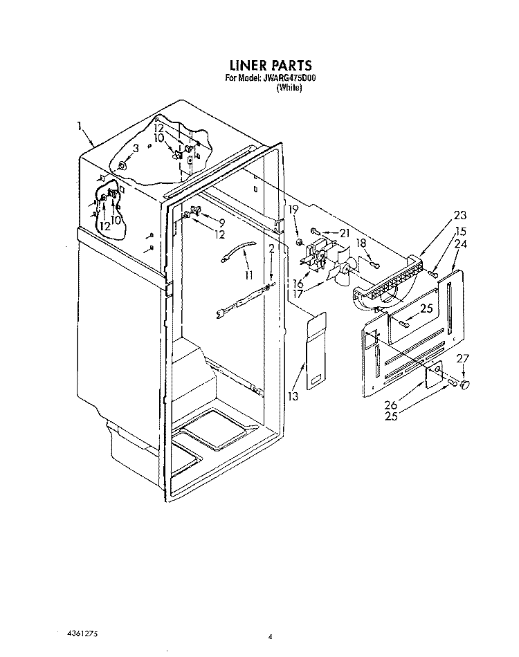 LINER Diagram and Parts List for JWARG475D00  Whirlpool Refrigerator