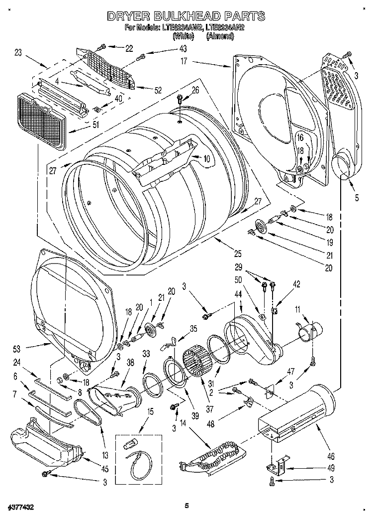 DRYER BULKHEAD Diagram and Parts List for LTE6234AN2  Whirlpool Washer Dryer Combo