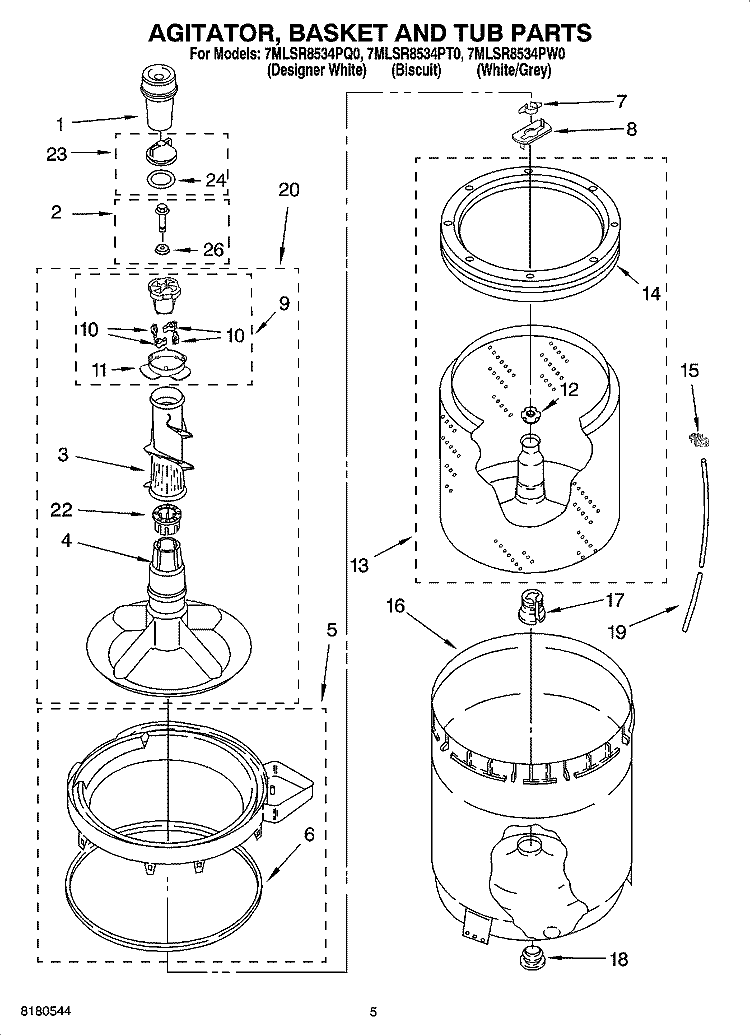 AGITATOR, BASKET AND TUB PARTS Diagram and Parts List for 7MLSR8534PT0  Whirlpool Washer