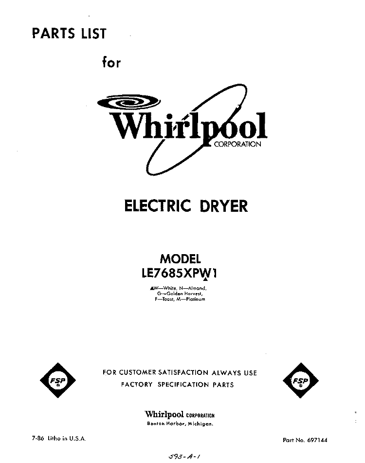 SECTION Diagram and Parts List for LE7685XPW1  Whirlpool Dryer