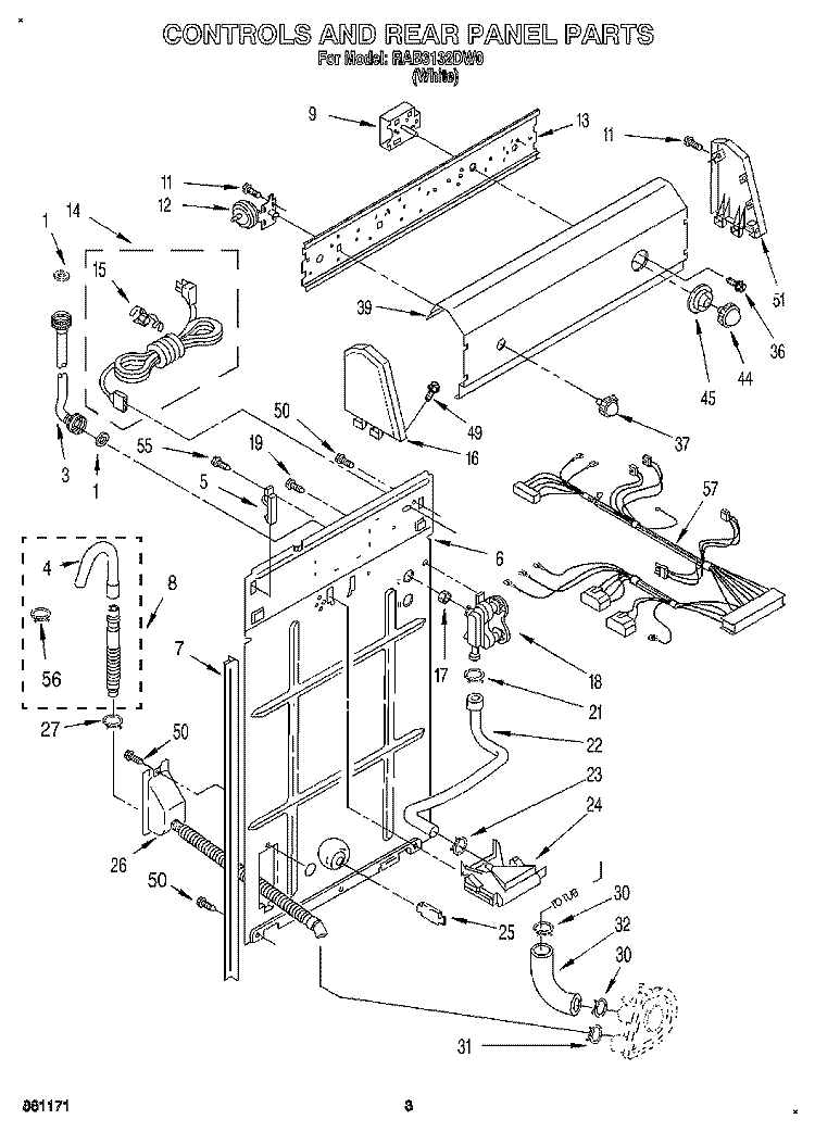 CONTROLS AND REAR PANEL Diagram and Parts List for RAB3132DW0  Roper Washer