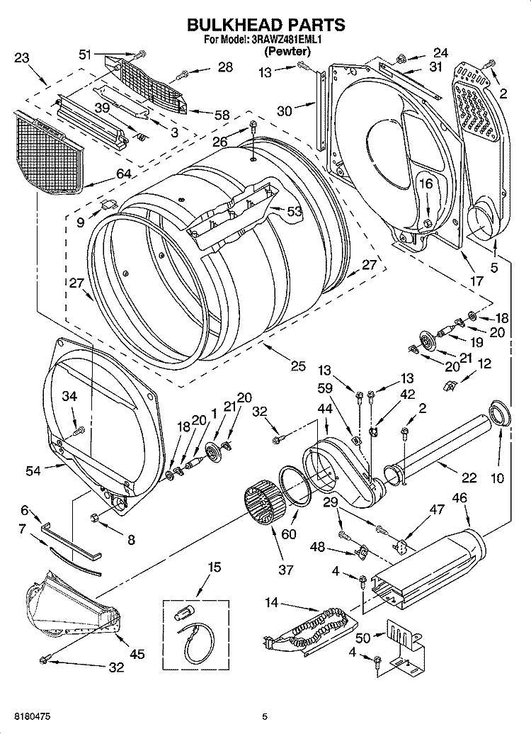 BULKHEAD PARTS Diagram and Parts List for 3RAWZ481EML1  Whirlpool Dryer