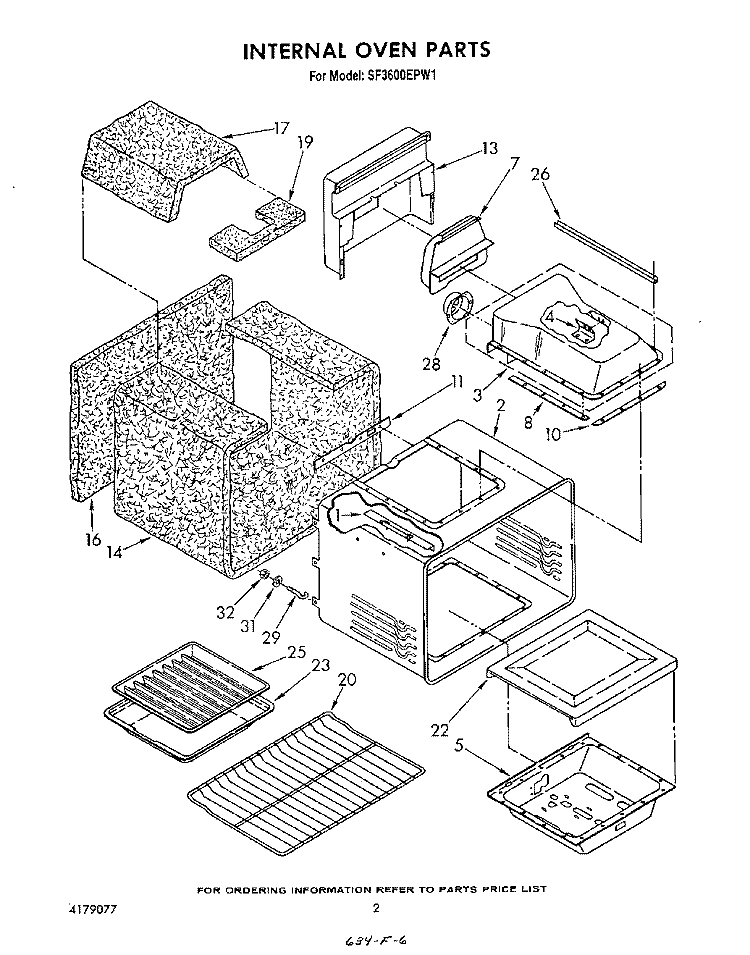 INTERNAL OVEN Diagram and Parts List for SF3600EPW1  Whirlpool Range