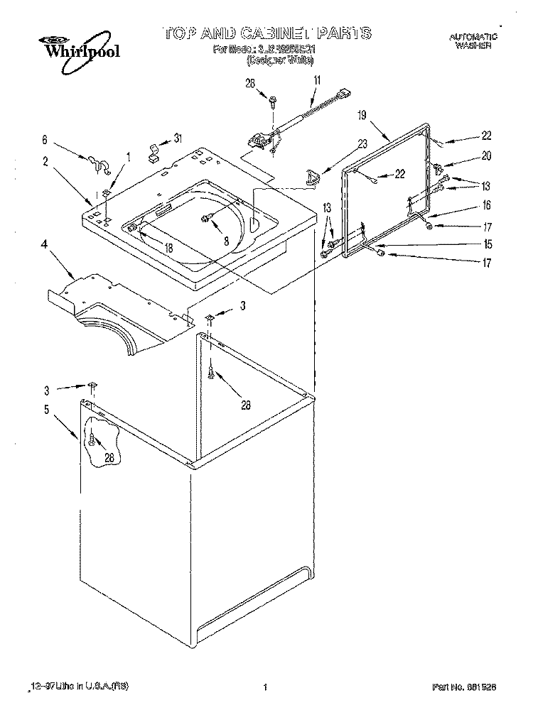 TOP AND CABINET Diagram and Parts List for 3LBR8255EQ1  Whirlpool Washer