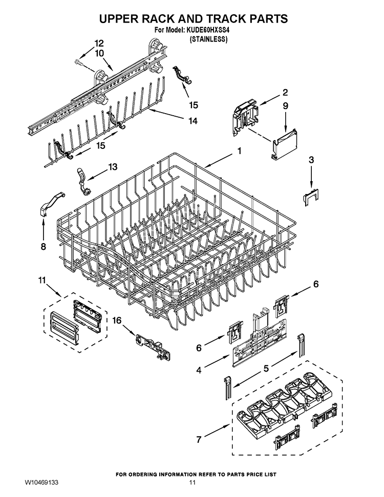 UPPER RACK AND TRACK PARTS Diagram and Parts List for KUDE60HXSS4  KitchenAid Dishwasher