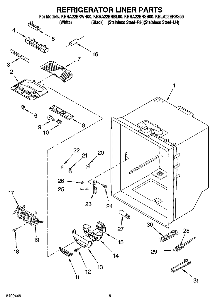 REFRIGERATOR LINER PARTS Diagram and Parts List for KBLA22ERSS00  KitchenAid Refrigerator
