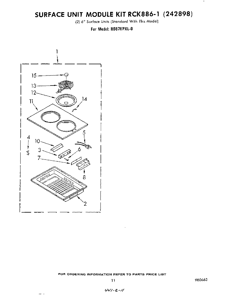 SURFACE UNIT KIT RCK886-1 Diagram and Parts List for RS676PXL0  Whirlpool Range
