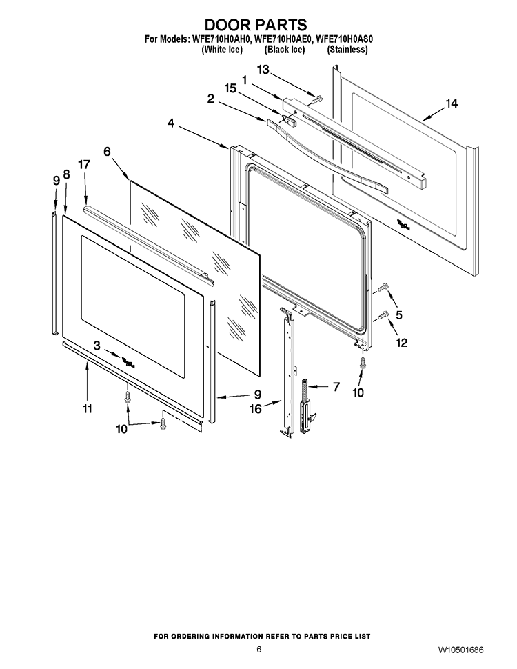 DOOR PARTS Diagram and Parts List for WFE710H0AH0  Whirlpool Range