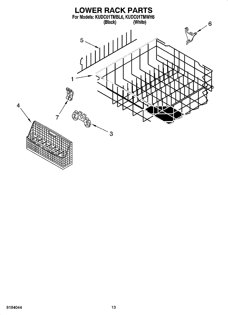 LOWER RACK PARTS, OPTIONAL PARTS (NOT INCLUDED) Diagram and Parts List for KUDC01TMBL6  KitchenAid Dishwasher