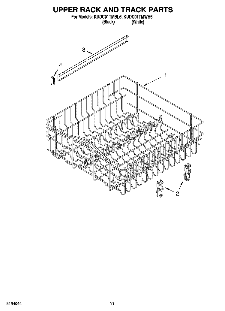 UPPER RACK AND TRACK PARTS Diagram and Parts List for KUDC01TMBL6  KitchenAid Dishwasher