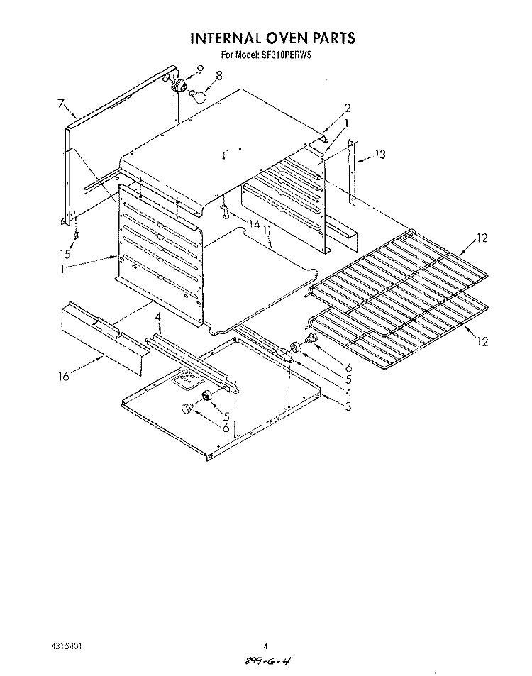 INTERNAL OVEN Diagram and Parts List for SF310PERW5  Whirlpool Range