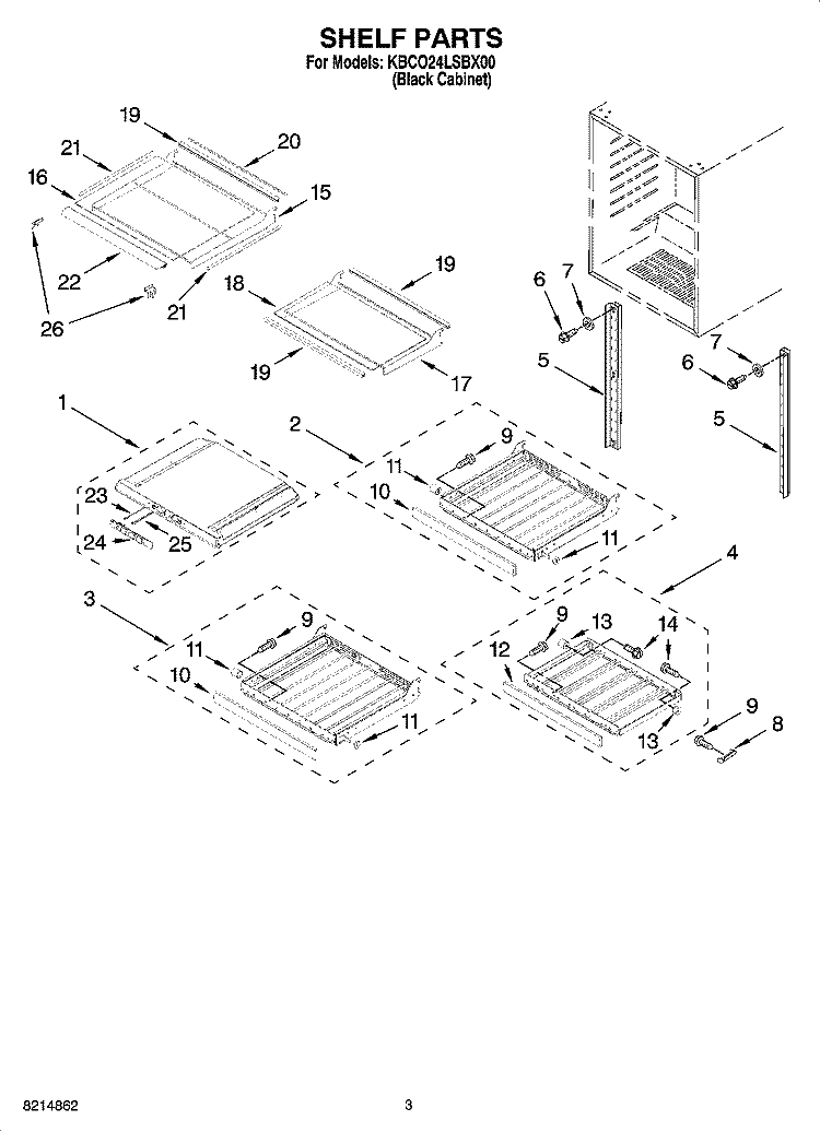 SHELF PARTS Diagram and Parts List for KBCO24LSBX00  KitchenAid Wine and Beverage Cooler