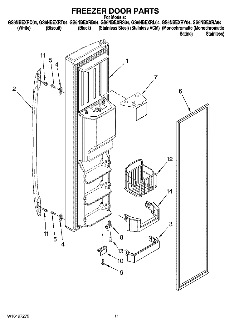 FREEZER DOOR PARTS Diagram and Parts List for GS6NBEXRY04  Whirlpool Refrigerator