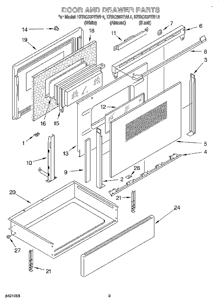 DOOR AND DRAWER Diagram and Parts List for KERC507EAL2  KitchenAid Range