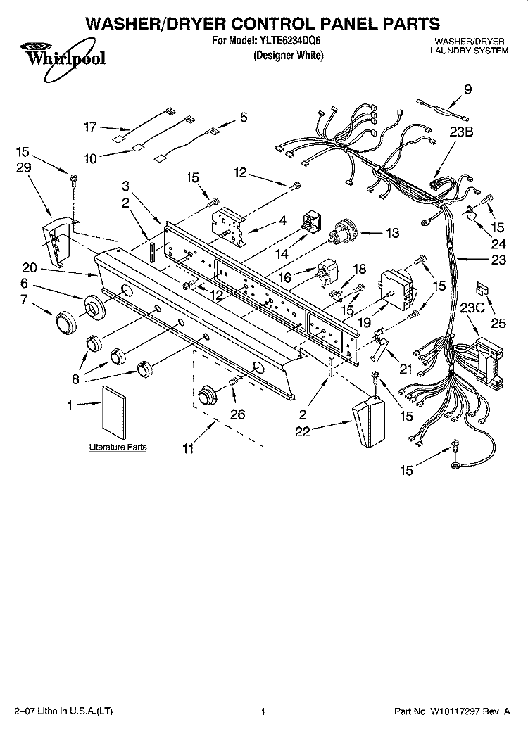 WASHER/DRYER CONTROL PANEL PARTS Diagram and Parts List for YLTE6234DQ6  Whirlpool Washer Dryer Combo