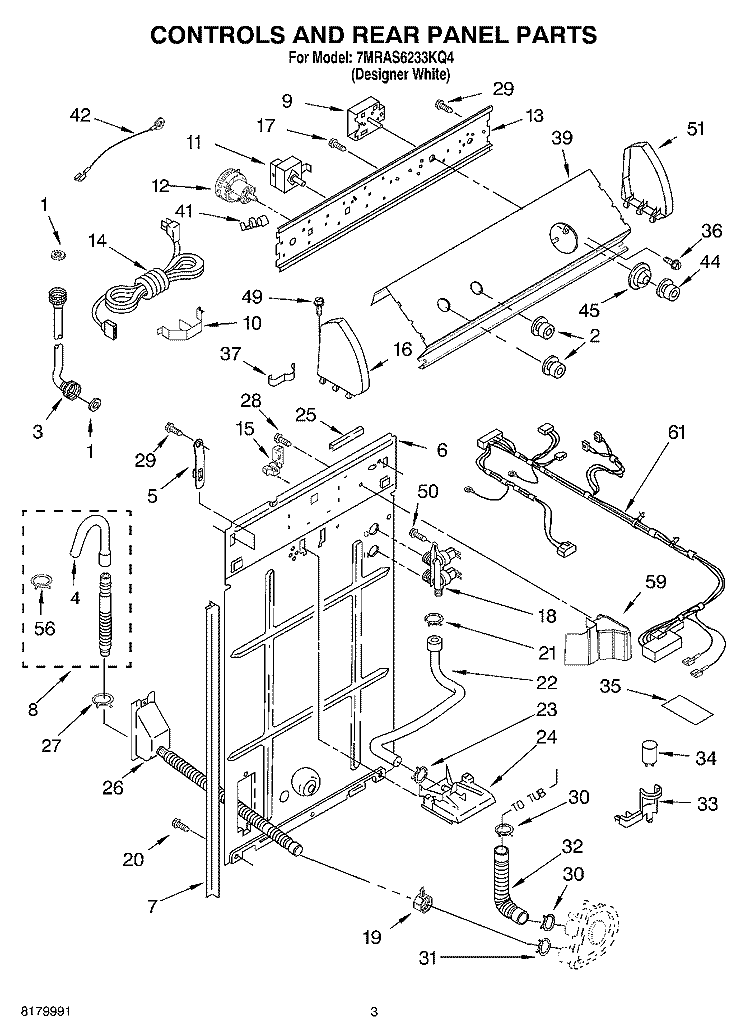 CONTROLS AND REAR PANEL PARTS Diagram and Parts List for 7MRAS6233KQ4  Roper Washer