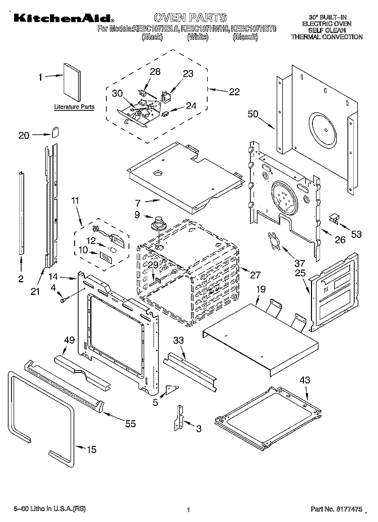 OVEN, LITERATURE Diagram and Parts List for KEBC107HWH0  KitchenAid Wall Oven