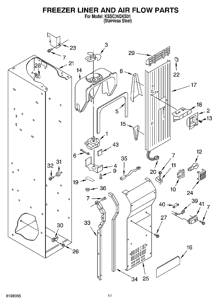 FREEZER LINER AND AIR FLOW Diagram and Parts List for KSSC36QKS01  KitchenAid Refrigerator