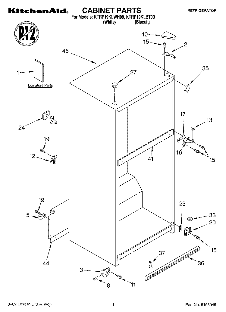 CABINET, LITERATURE Diagram and Parts List for KTRP19KLWH00  KitchenAid Refrigerator