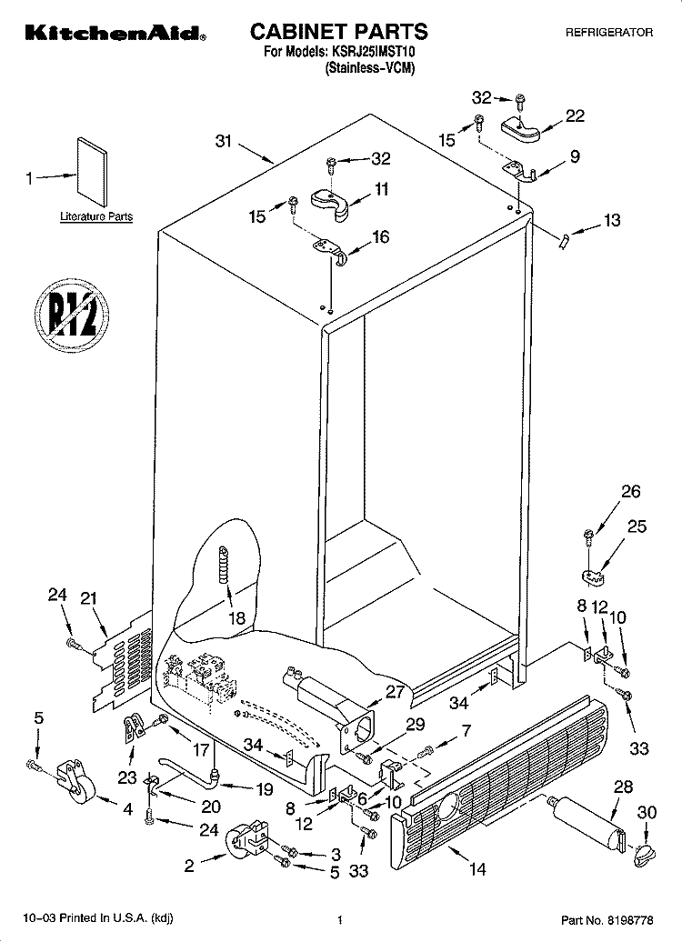 CABINET PARTS Diagram and Parts List for KSRJ25IMST10  KitchenAid Refrigerator