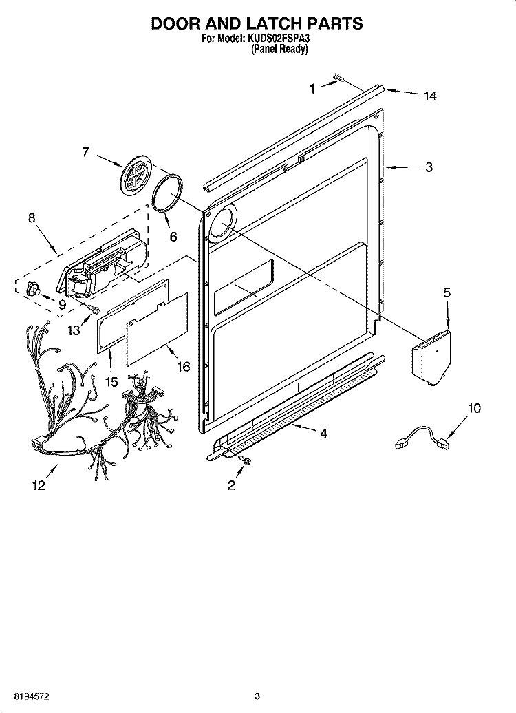 DOOR AND LATCH PARTS Diagram and Parts List for KUDS02FSPA3  KitchenAid Dishwasher