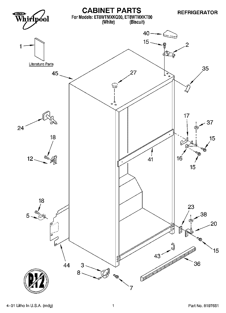 CABINET, LITERATURE Diagram and Parts List for ET8WTMXKQ00  Whirlpool Refrigerator