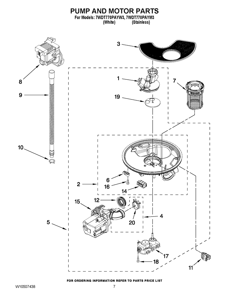 PUMP AND MOTOR PARTS Diagram and Parts List for 7WDT770PAYW3  Whirlpool Dishwasher