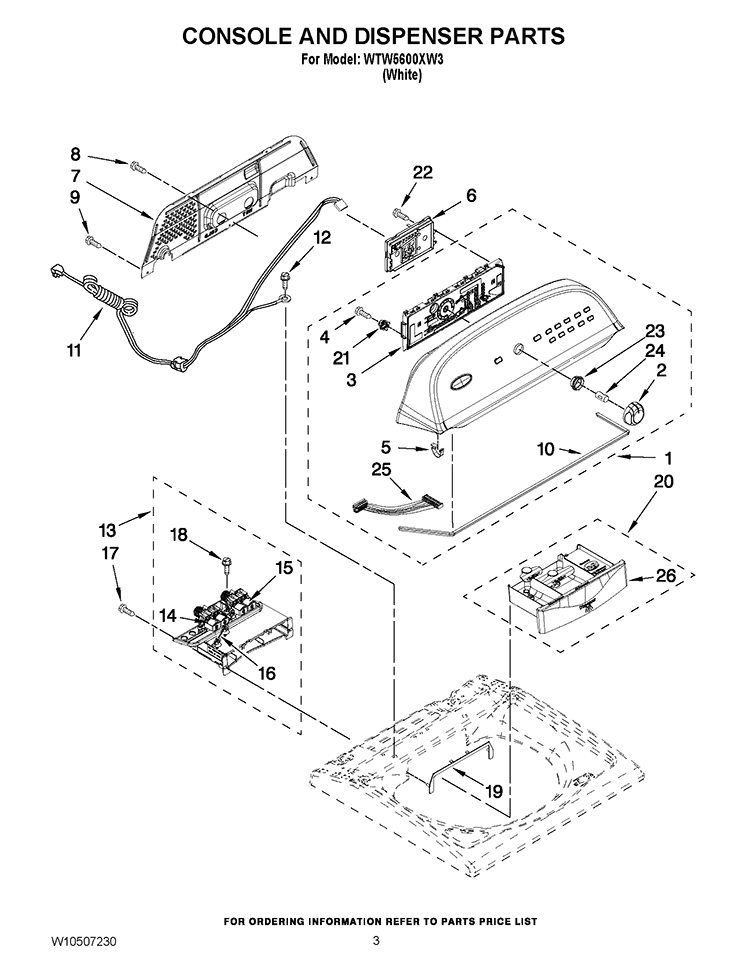 CONSOLE AND DISPENSER PARTS Diagram and Parts List for WTW5600XW3  Whirlpool Washer