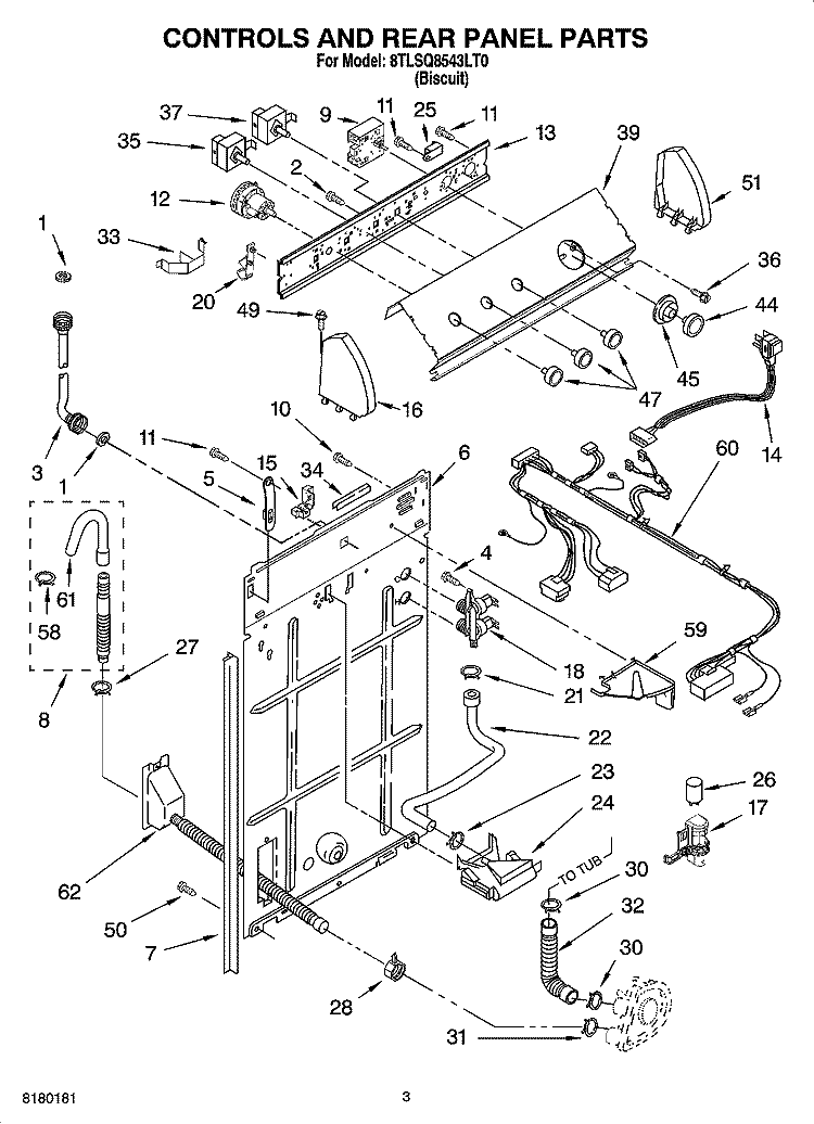 CONTROLS AND REAR PANEL PARTS Diagram and Parts List for 8TLSQ8543LT0  Whirlpool Washer