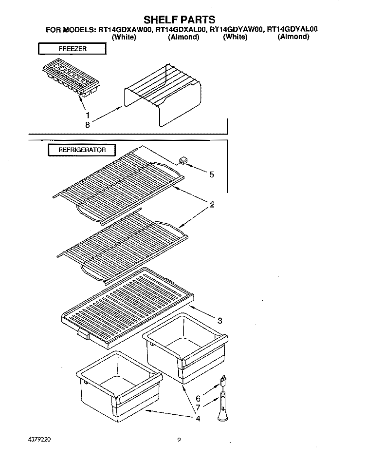 SHELF Diagram and Parts List for RT14GDXAW00  Roper Refrigerator