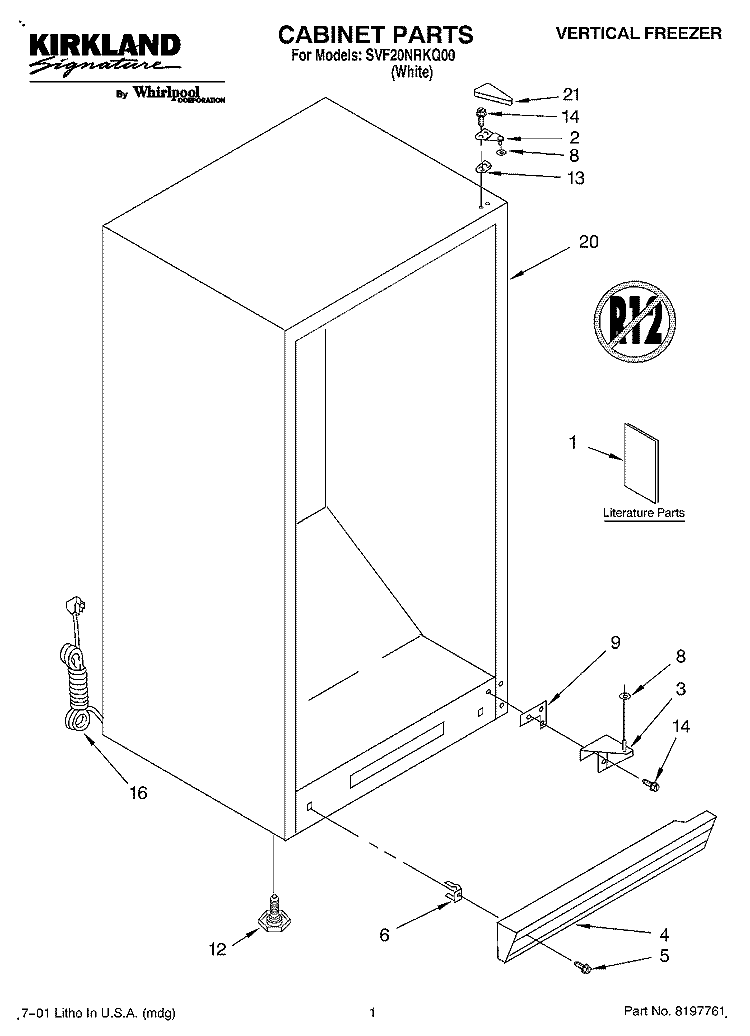 CABINET, LITERATURE Diagram and Parts List for SVF20NRKQ00  Whirlpool Freezer