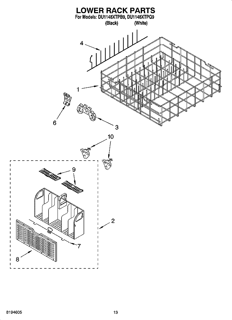 LOWER RACK PARTS, OPTIONAL PARTS (NOT INCLUDED) Diagram and Parts List for DU1148XTPQ9  Whirlpool Dishwasher
