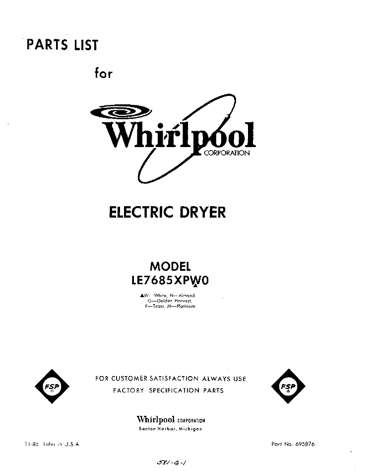 SECTION Diagram and Parts List for LE7685XPW0  Whirlpool Dryer