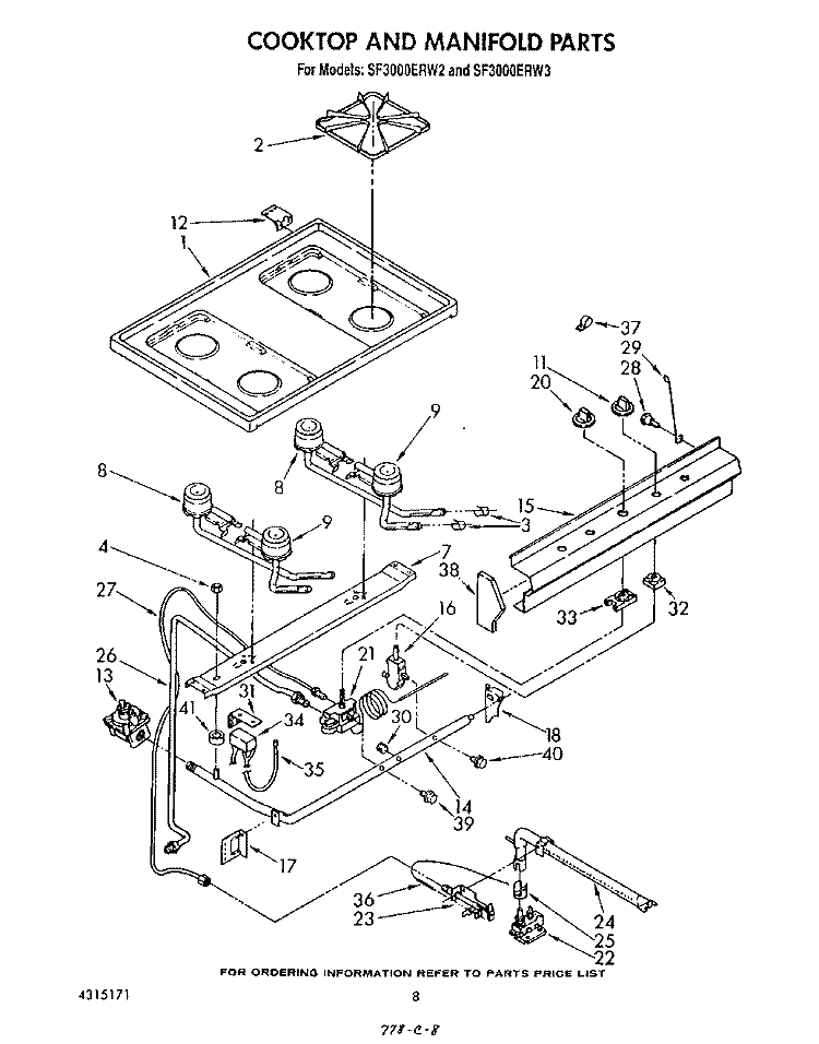 COOKTOP AND MANIFOLD , LIT/OPTIONAL Diagram and Parts List for SF3000ERW3  Whirlpool Range