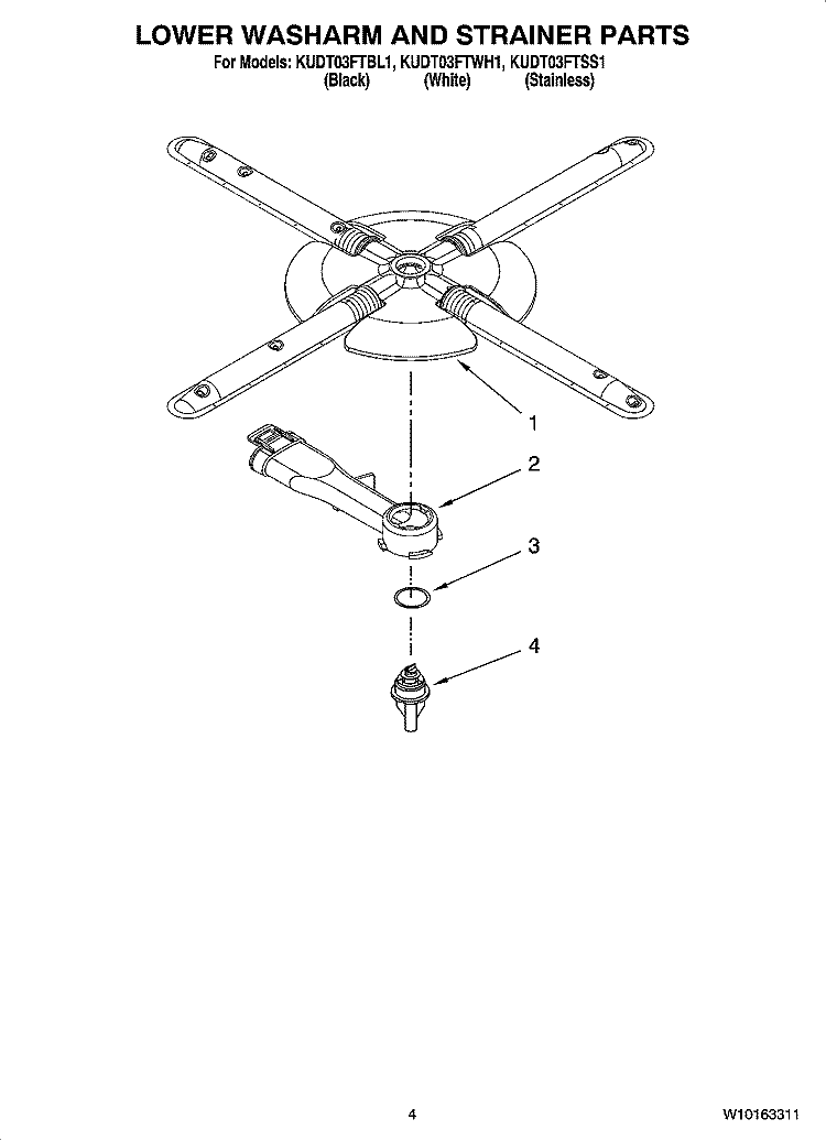 LOWER WASHARM AND STRAINER PARTS Diagram and Parts List for KUDT03FTBL1  KitchenAid Dishwasher