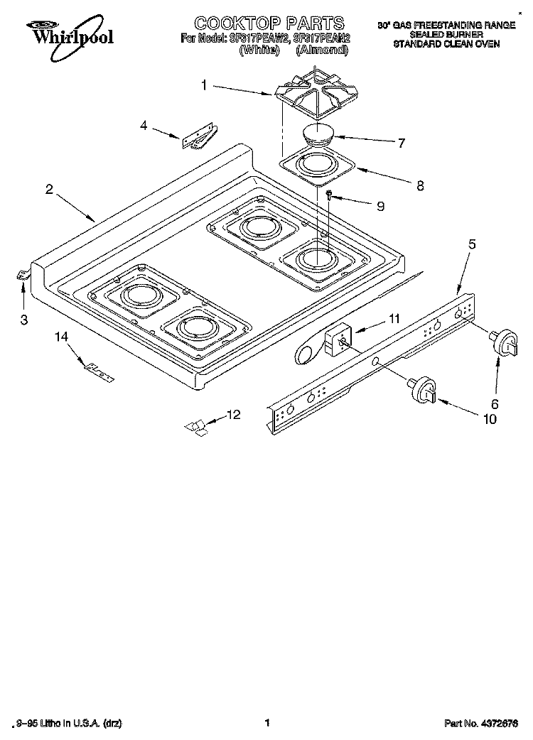 COOKTOP, LITERATURE Diagram and Parts List for SF317PEAW2  Whirlpool Range