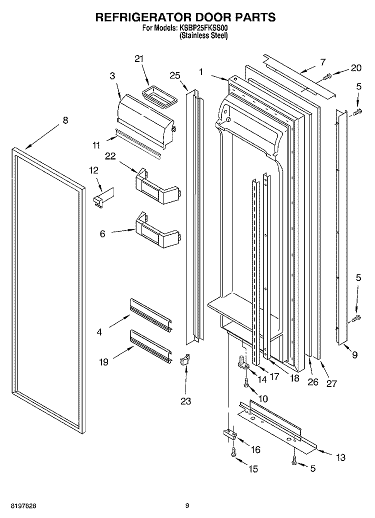REFRIGERATOR DOOR PARTS Diagram and Parts List for KSBP25FKSS00  KitchenAid Refrigerator