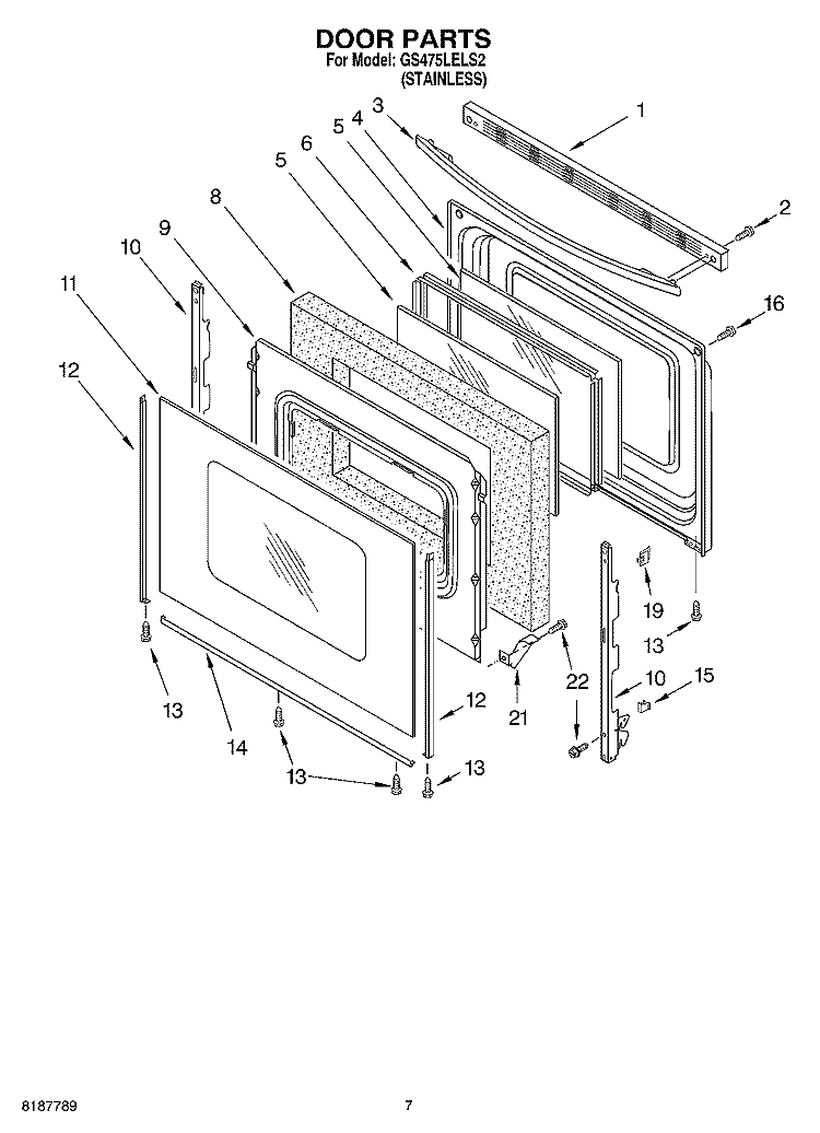 DOOR PARTS Diagram and Parts List for GS475LELS2  Whirlpool Range