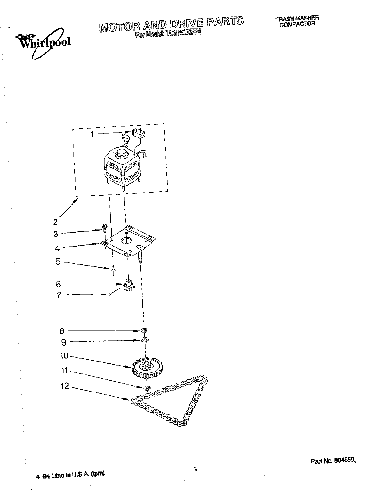 MOTOR AND DRIVE, LIT/OPTIONAL Diagram and Parts List for TC8750XBP0  Whirlpool Trash Compactor