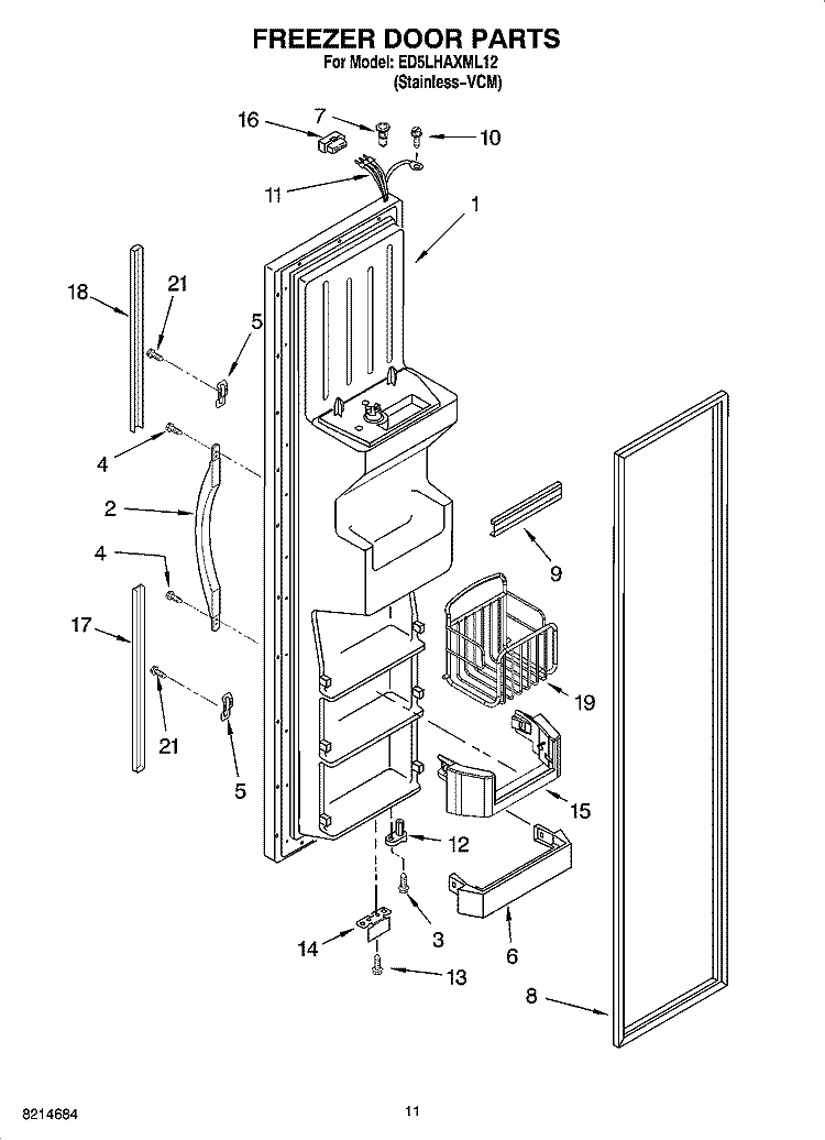 FREEZER DOOR PARTS Diagram and Parts List for ED5LHAXML12  Whirlpool Refrigerator