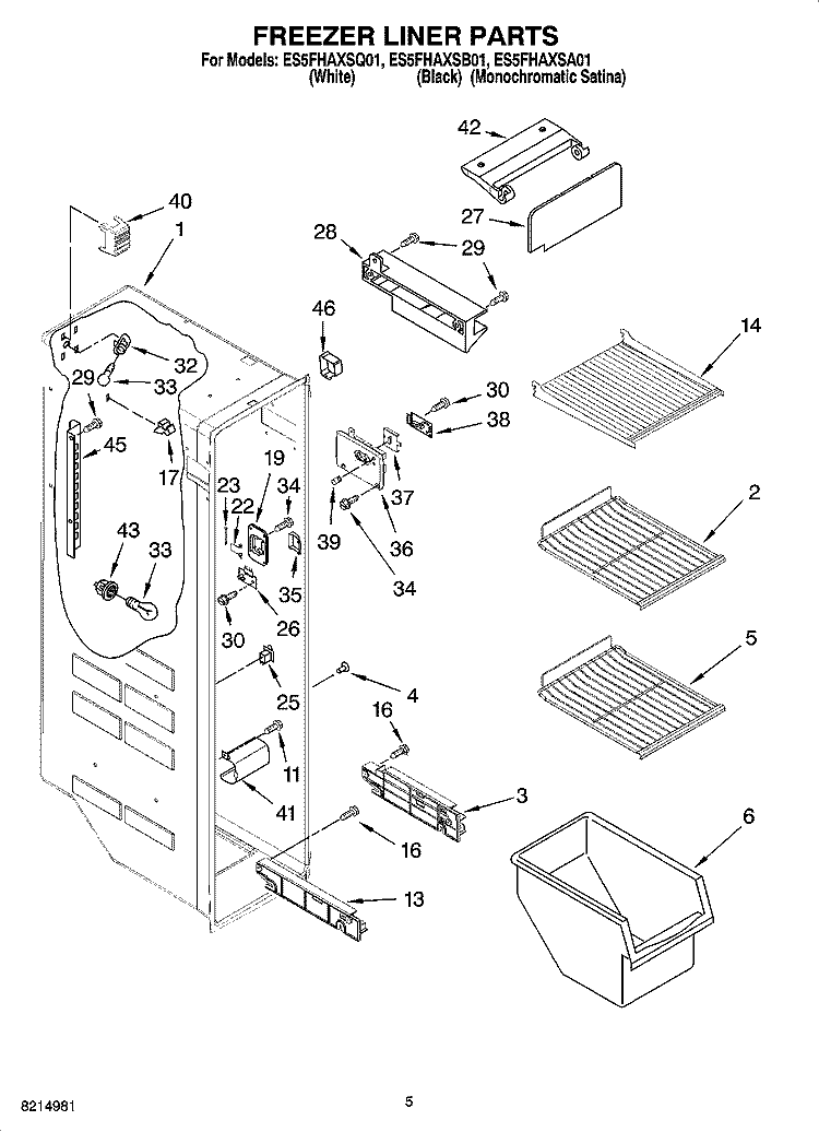 FREEZER LINER PARTS Diagram and Parts List for ES5FHAXSQ01  Whirlpool Refrigerator