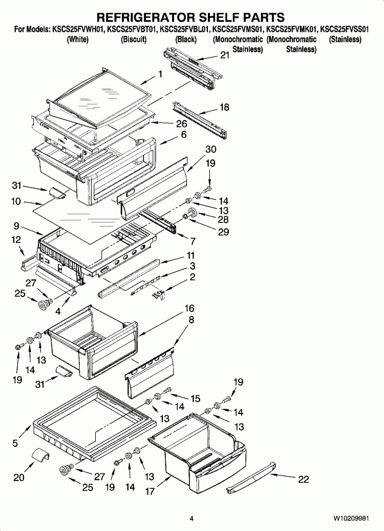 REFRIGERATOR SHELF PARTS Diagram and Parts List for KSCS25FVBT01  KitchenAid Refrigerator